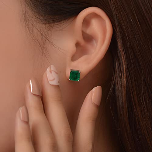 Sterling Silver Emerald Earrings, 4 Carat/Pair (7Mm) Lab-Created Square Emerald Stud Earrings For Women Hypoallergenic Jewelry For Her Birthday Christmas Mothers Day Gifts #TOP2