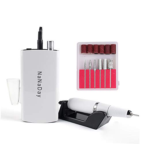 NanaDay Professional Nail Drill 35000 RPM Rechargeable Portable Nail Drills Cordless Electric Nail File Machine Manicure Pedicure Set Acrylic Gel Nail Grinder Tools with 6 Bits (WHITE)