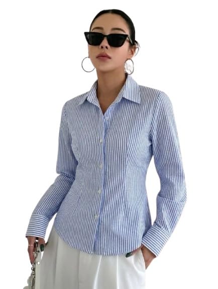 memories by masha Women’s Pure Cotton Striped Formal Shirt with Spread Collar, Full Sleeve Tailored Fit Office Wear Button Down Work Top for Professional & Smart Casual Styling-picture-42