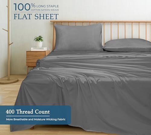 Image of Royale Linen 400 Thread Count 100% American Grown Cotton Flat Sheet - Cooling Sheets - Full Sheets - Luxury Sateen Weave - Full Flat Sheet Sold Separately - Grey Flat Sheet Only (Full, Spanish Slate)
