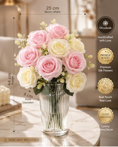 Image of Divyakosh Artificial Flowers Bunch (Vase Not Included). Artificial Flower for Vase, 8 Head Blush Pink & Cream Rose Arrangement, Luxury Floral Centerpiece for Living Room Dining Table Office Decor