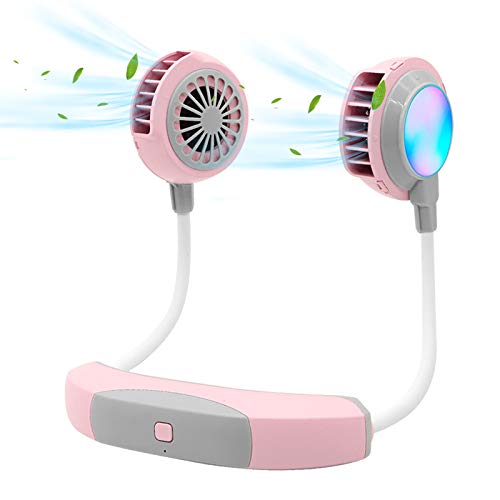 Portable Fan Mini USB Fan Hand Free Personal Fan Hanging Neck Sport Fan Wearable USB Desktop Fan, 3 Speeds, 180 Degree Adjustment, Protect hair，Suitable for Man Woman Child With LED light (PINK)