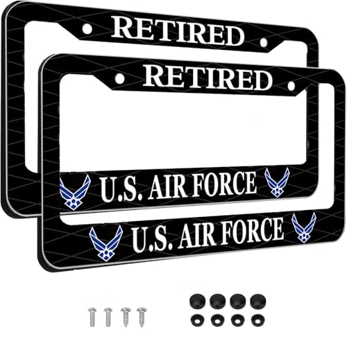 Image of 2PCS License Plate Frames for Retired U.S.Air Force,Car License Plate Bracket Holder, Premium Aluminum Alloy Weather Proof License Plate Covers with Screw Caps Cover Set Car Accessories
