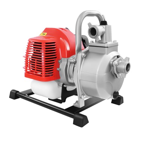 Pompe à eau à essence 1,7 CV avec raccord 1 pouce, moteur 2 temps, pompe à eau sale avec base en métal et poignée pour irrigation, hauteur maximale...