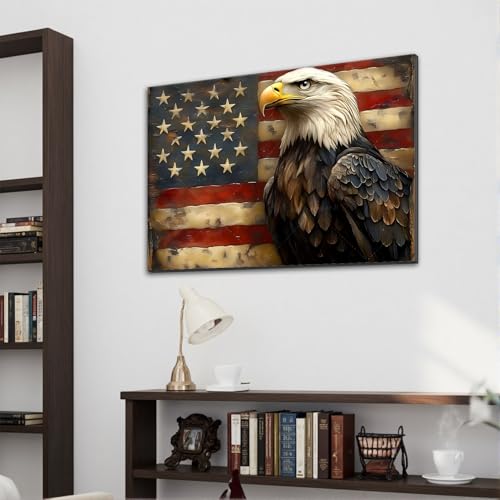 Image of Framed Bald Eagle American Flag Wall Art, Patriotic USA Canvas Art Pictures, Vintage Eagle Wall Decor for Office Living Room Man Cave, Ready to Hang Made in USA