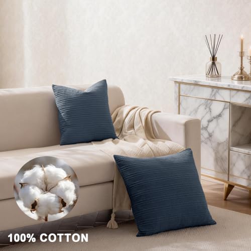 Image of 18x18 Throw Pillow Covers Set of 2 Boho Decorative Pillow Shams Stone Washed Cotton Pillowcase Waffle Square for Couch Sofa Chair Bed Car, Blue Grey