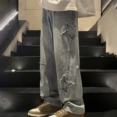 DESKABLY Men's Baggy Jeans Wide Leg Relaxed Fit Y2k Grunge Pants Plus Size Stars Patchwork High Waist Streetwear Denim Pants4