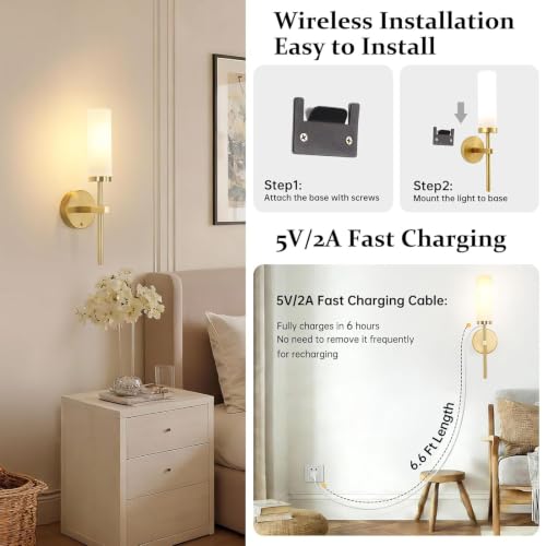 Image of Shenmoyl Battery Operated Wall Sconces Set of 2, Gold Rechargeable Wall Lighting Fixtures, Dimmable Wall Lights with Remote & Opal Glass Shade for Living Room, Bathroom,Bedroom