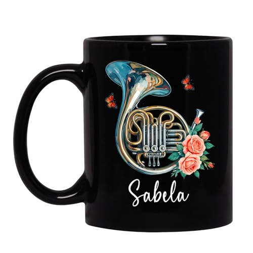 Yanria Personalized French Horn Coffee Mug, French Horn Player Coffee Cup, French Horn Ceramic Mug Gifts For Men Women Horn Lover, French Horn Musical Instrument Black Cups 11oz 15oz, Horn Tea Cup