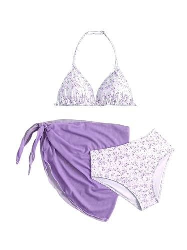 Image of Milumia Girl's 3 Piece Bikni Set Ditsy Floral Halter Swimsuit with Cover Up Skirts