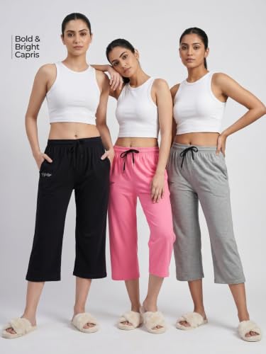 Image of Fflirtygo Women's Cotton Plain Calf Length Capri | Nightwear Pajama | 3 /4th Solid Pyjama Pant | Black Navy and Lavender Lounge Pants | Casual wear & Lounge Wear Capri Combo (Pack of 3)