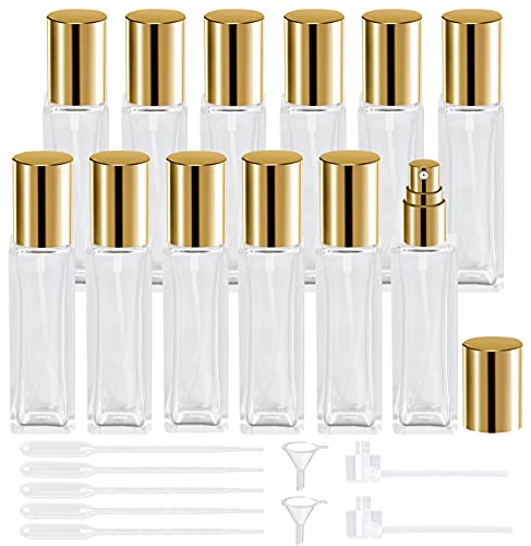 10ml Glass Spray Bottle, wifreo 12pcs Refillable Perfume Bottle Spray Atomizer Perfume Bottle, Leak Proof Glass Perfume Atomizer with gold caps