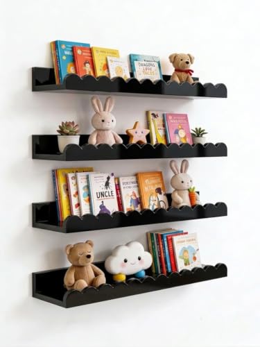 Image of Scalloped Shelves for Nursery - Wall Book Shelves for Bedroom Kids, Nursery Bookshelf for Wall Set of 4, Floating Book Shelves Solid Wood,18 Inch (Black)