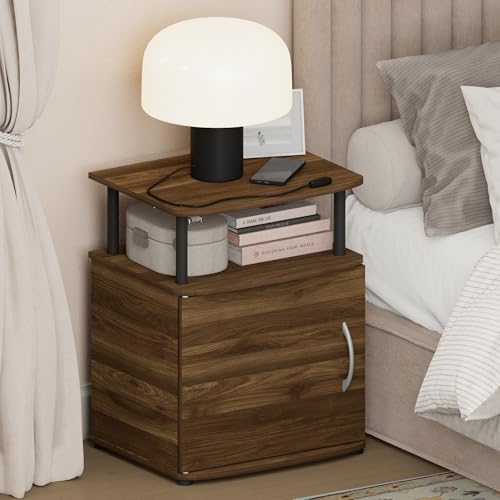 Furinno Jaya Night Stand with Door, Nightstand with Open Shelf and Door Cabinet, Round Corner Bedside Table, Side Table, End Table, for Bedroom, Closet, Dorm, Amber Pine