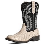 IUV Cowboy Boots for Men Faux Snake Skin Embroidered Western Boots Slip Resistant Square Toe Pull on Mid Calf Cowboy Boot