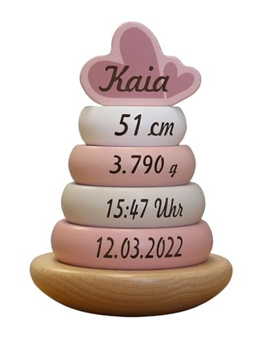 Elefantasie Holz Stapelturm rosa personalisierbar mit Name und Geburtsdaten Baby Geschenk mit Gravur Geschenk zur Geburt oder Taufe