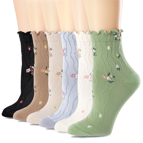 bropapa Women‘s Ruffle Crew Socks，Vintage Patterned,Ankle Casual Fashion Dress Socks,Embroidery Floral,Cute Lettuce Sock for Girls, 6 Pack (Size 5-9)