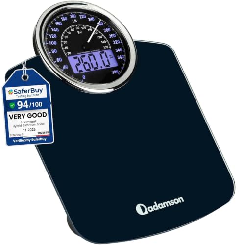 Adamson Hybrid Bathroom Scale for Body Weight - 2-in-1 Analog & Digital Display, Accurate Weight Scale Up to 400 lbs, Backlit LCD, Wide Tempered Glass Platform, 3 AAA Batteries Included
