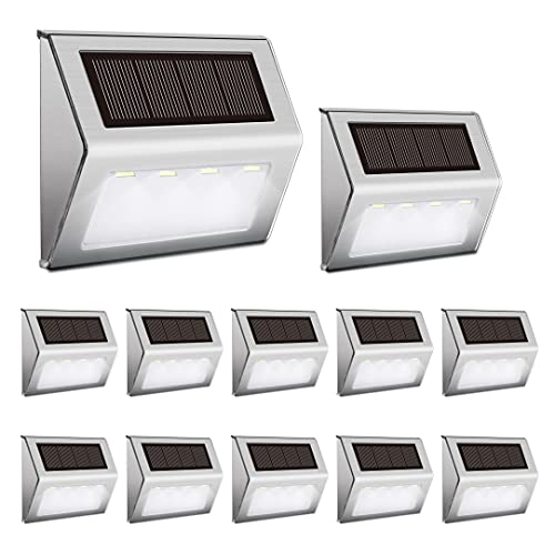 Solar Fence Lights Outdoor 12 Pack Solar Step Lights 4 Led Stair Lights Waterproof Stainless Steel Outdoor Lighting for Deck Garden Yard (White Light)
