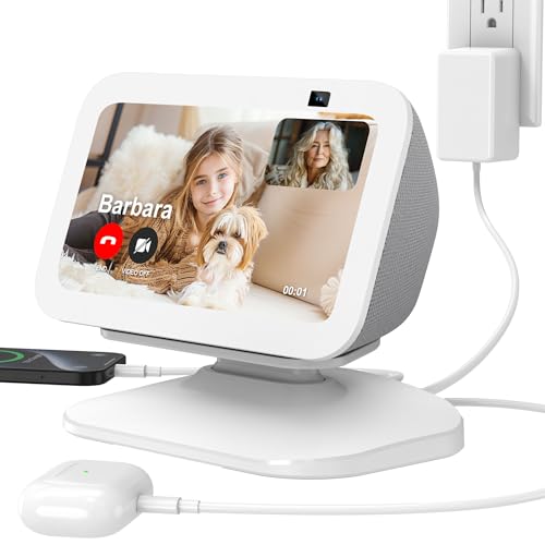 PlusAcc Stand for Show 5 (3rd Gen) - Adjustable Table Holder with 2 Charging Ports (USB-C & USB-A), Tilt Magnetic Base Station for Charge Cellphones and Earbuds, Non-Slip Base (White)