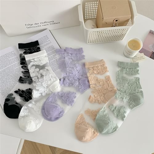 Image of Alafime Coquette Aesthetic Mesh Socks for Women - 7 Pairs Kawaii Embroidered Florals Y2K Full Tube Sheer Socks