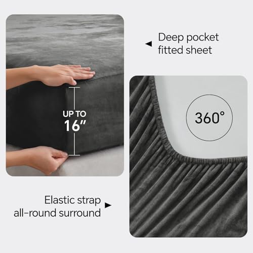 Image of BEDELITE Flannel Sheets Full Size Dark Gray - Super Soft Fleece Sheets Set Fluffy Extra Plush, 4 Piece(Include Fitted Sheet, Flat Sheet, 2 Pillowcases)