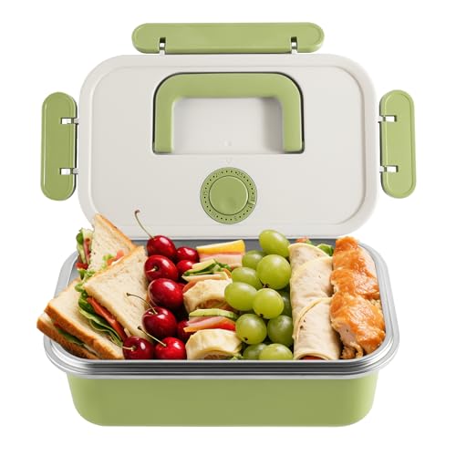 Lebensmittelbehälter aus Edelstahl mit Deckel – 1700ml Metall-Lunchbox Brotdose für Erwachsene,Bento-Box für Picknick,Outdoor,mit Griff und Datumsanzeige für die Aufbewahrung von Lebensmitteln,Grün