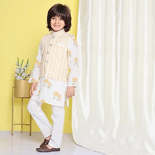 Image of AJ DEZINES Kids Ethnic Wear Cotton Printed Kurta Pajama Set For Boys With Nehru Waist Coat Jacket