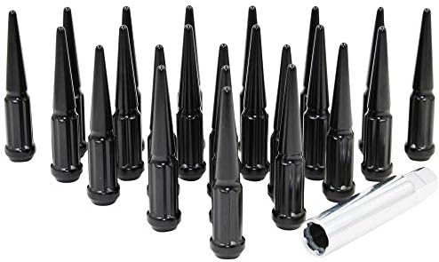 Wheel Accessories Parts Set of 24 Black Spiked Solid Metal Lug Nuts M12x1.5 Thread 4.4 Inch Tall Closed End Bulge Acorn Spike Lug Nut 1 Long Socket Key