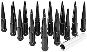 Wheel Accessories Parts Set of 24 Black Spiked Solid Metal Lug Nuts M12x1.5 Thread 4.4 Inch Tall Closed End Bulge Acorn Spike Lug Nut 1 Long Socket Key