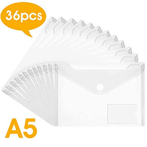 DECARETA 36 Pezzi Buste A5 Trasparenti con Bottone, Impermeabile Cartelline Trasparenti A5 Buste Portadocumenti Plastica per Scuola e Ufficio, Fattura, Documenti, Foto, A5 Size