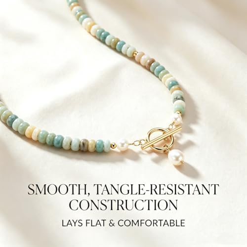 Elova Turquoise Bead Pearl Necklace Dainty Handmade Beaded Jewelry (Gold) — view 2