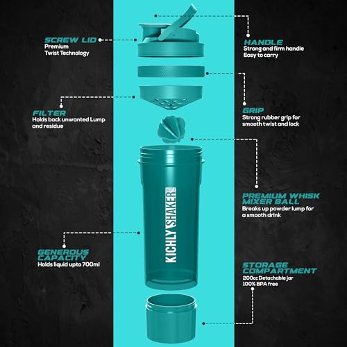 KICHLY Shaker Bottle (700 ml) Plastic Protein Shaker Bottle with Mixing Ball - Non-Leak Cap with Twist & Lock Protein Box Storage – Fitness & Workout Partner (Teal, Pack of 1) - Image 3