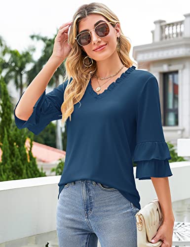 Image of TFSDOD Womens V Neck 3 /4 Bell Sleeve Tops Frill Neck Tiered Ruffle Sleeve Shirts Casual Spring Summer Loose Tunic Blouses
