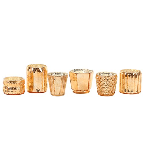 Koyal Wholesale Copper Mixed Glass Candle Holders, 6-Pack, Mismatched Candle Holders for Candle Votives, Geometric Decor
