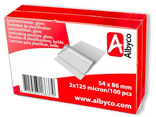 Albyco Fundas Plastificar - Laminas para plastificar- Película de Laminación- Tamaño de tarjeta de crédito (54x86 mm) - 2x125 (250) Micras- 100 Piezas- - Plastificadora, Hojas Plastificar- Brillante