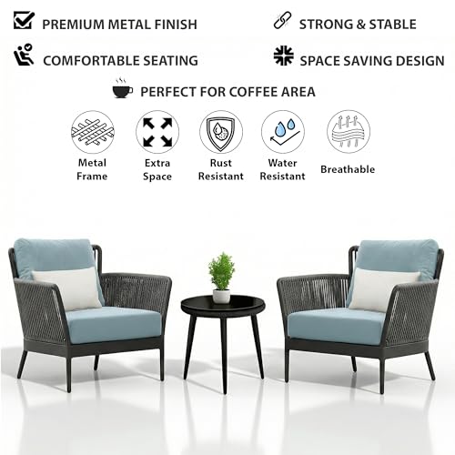 Image of BRISHI Garden Patio Seating Chair and Table Set Outdoor Balcony Garden Coffee Table Set Furniture with 1 Table and 2 Chairs Set with Cushion Braid & Rope (Grey /Blue)