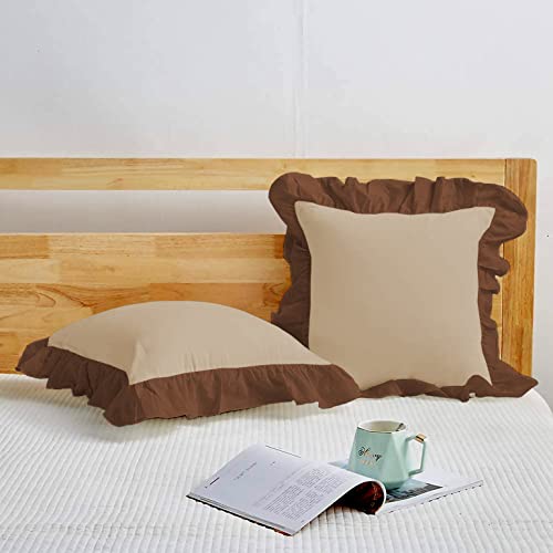 Image of YRM Bedding's Ruffle Beautiful Cushion Cover | Super Soft Elegant Premium Microfiber Frill Cushion Cover Set of 2 (20 inchx20 inch Inches) (Beige /Chocolate Brown)