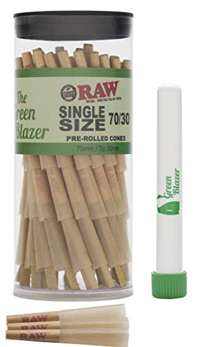 RAW Cones Single Size Dogwalker: 50 Pack - Mini Pre Rolled Cones Shorter Than 1 1/4 Size (70/30) Classic Rolling Papers with Filter Tips Includes Green Blazer Doob Tube
