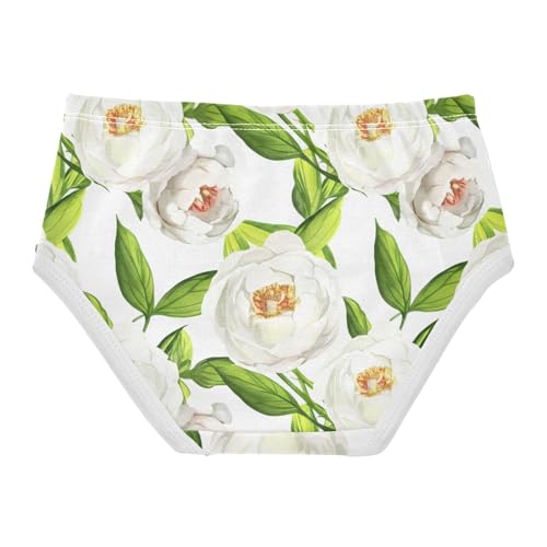 White Peony Flowers Green Leaves Girl Panties Cute Toddler Underwear Custom Cotton Pattern Briefs Undies Kids 2t2