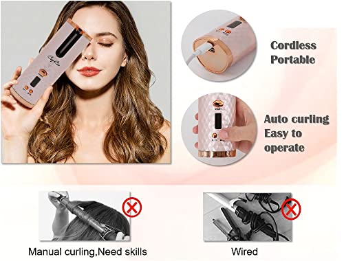 Automatic Curling Iron,Cordless Hair Curler,Rechargeable Ceramic Barrel Curling Irons,Fast Heating Spin Hair Wave Wand Curler With Timer And Temperature Pink #TOP4