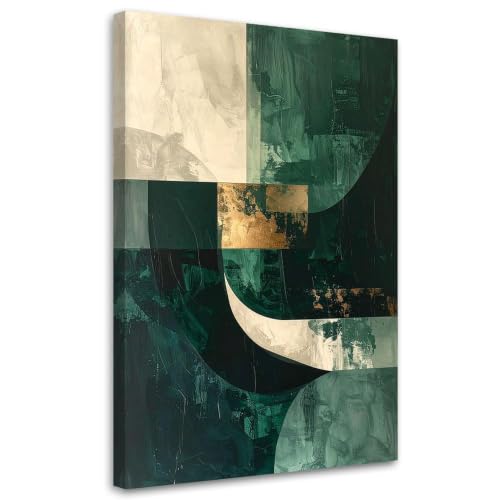 Arte de pared moderno y abstracto en lienzo geométrico verde, beige y oro de 50x70 cm