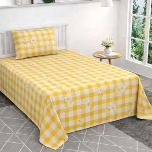 Image of VOMZER Single Size (60x90) 300 TC Soft Cotton Feel Microfiber Flat Single Bedsheet with 1 Pillow Cover | Yellow Check
