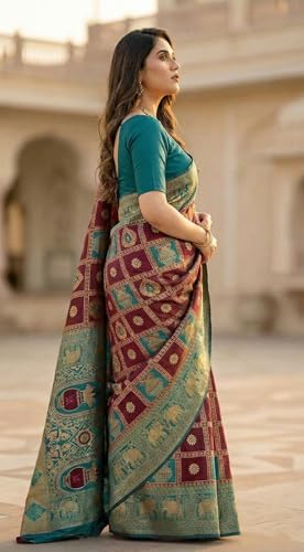 Image of C J Enterprise Women's Kanjivaram Silk Saree Woven Patola Banarasi Soft Sarees Zari With Blouse Piece (Hathi Patola)