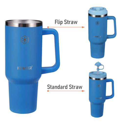 Image of ICEWATER 40 oz Tumbler with 2 Lids (Regular Straw and Flip Straw) | 100% Leak-proof Insulated Tumbler with Handle, Cup Holder Friendly, Stainless Steel Water Bottle, Secure Twist-Lock Straw