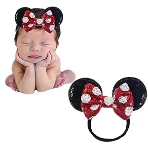 JIAHANG Mouse Ears Sequin Bow Nylon Hairband with Polka Dot, Hair Bow Headband, Soft Elastic Costume Headwear for Baby Girl Newborn Toddler, kids, Party Supplies