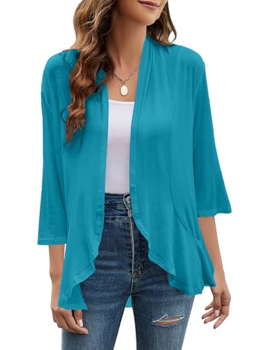 Image of Yekaty Women Cardigan 3 /4 Sleeves Open Front Lightweight Cardigan Draped Ruffles Knit Cardigan