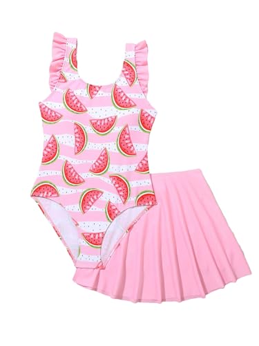 WDIRARA Girl's Cute Strawberry Print Swimsuit Ruffle Trim One Piece Bathing Suit with Flare Skirt