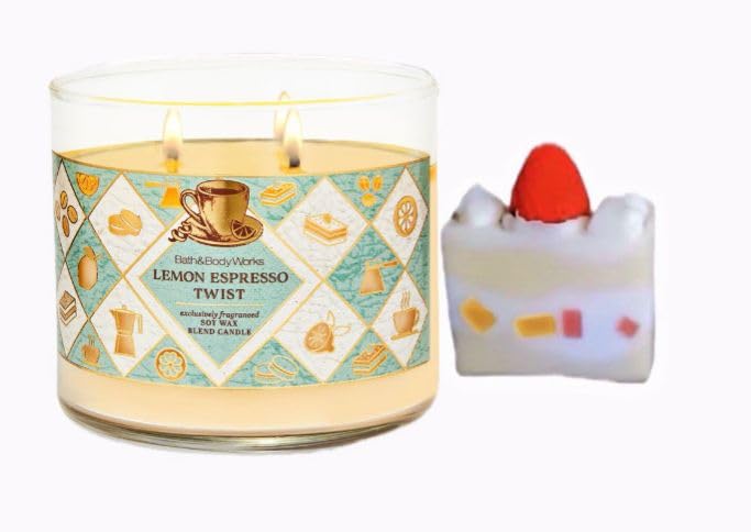 Lemon Espresso Twist - White Barn-Bath/Body Work- 3-Wick Scented Candle 14.5 OZ Burns 25-45 Hours and Strawberry Cake soap (Label Artwork Varies)