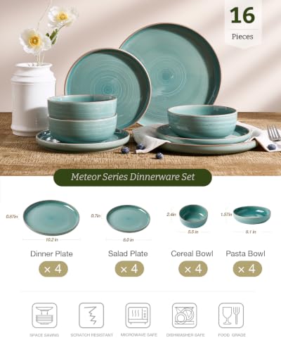 Image of Famiware Meteor 16-Piece Stoneware Plates and Bowls, Peacock Green | Dinnerware Set with Pasta Bowls for 4, Reactive Glaze Dish Set, Microwave & Dishwasher Safe, Chip & Scratch Resistant